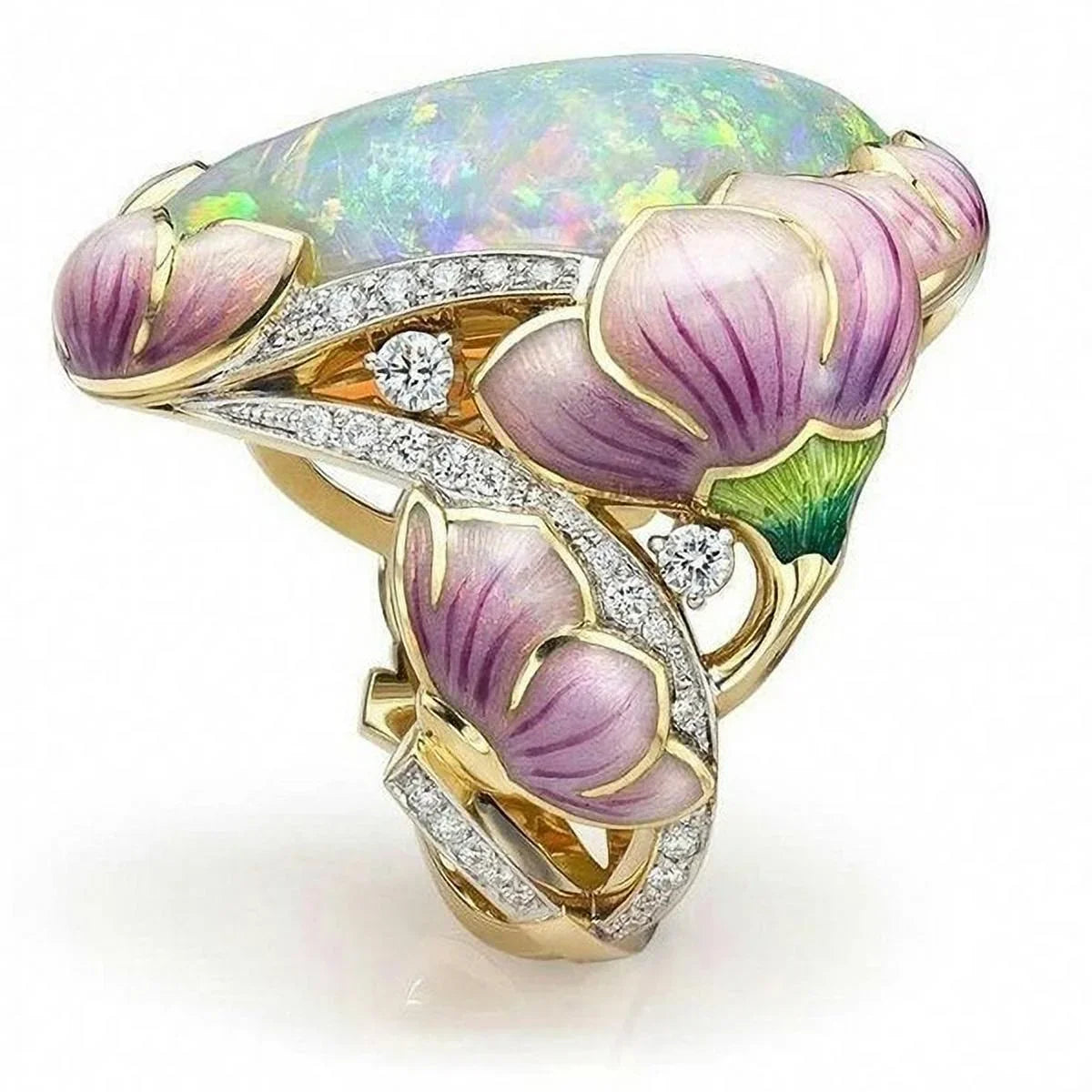 18K Solid Gold Floral Lavender Fuchsia Lotus Enamel Oval Cut Fire Opal Band Rings