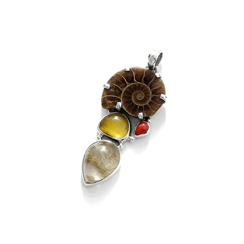 Super Cute Ammonite & Gold Rutilated Quartz Sterling Silver Statement Pendant