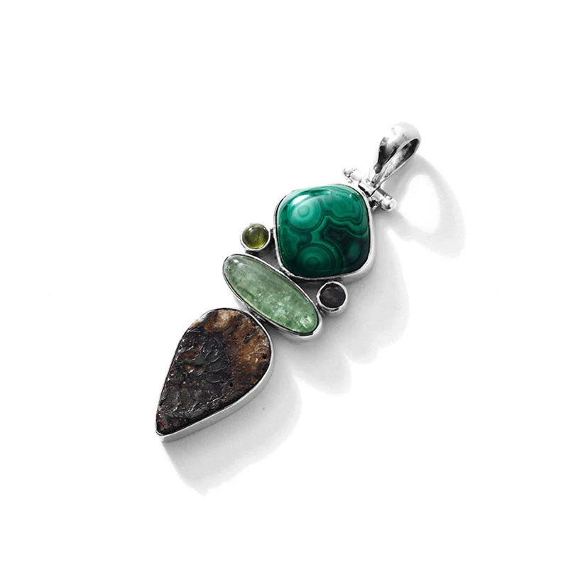 Gorgeous Malachite, Ammonite and Green Kyanite Sterling Silver Statement Pendant