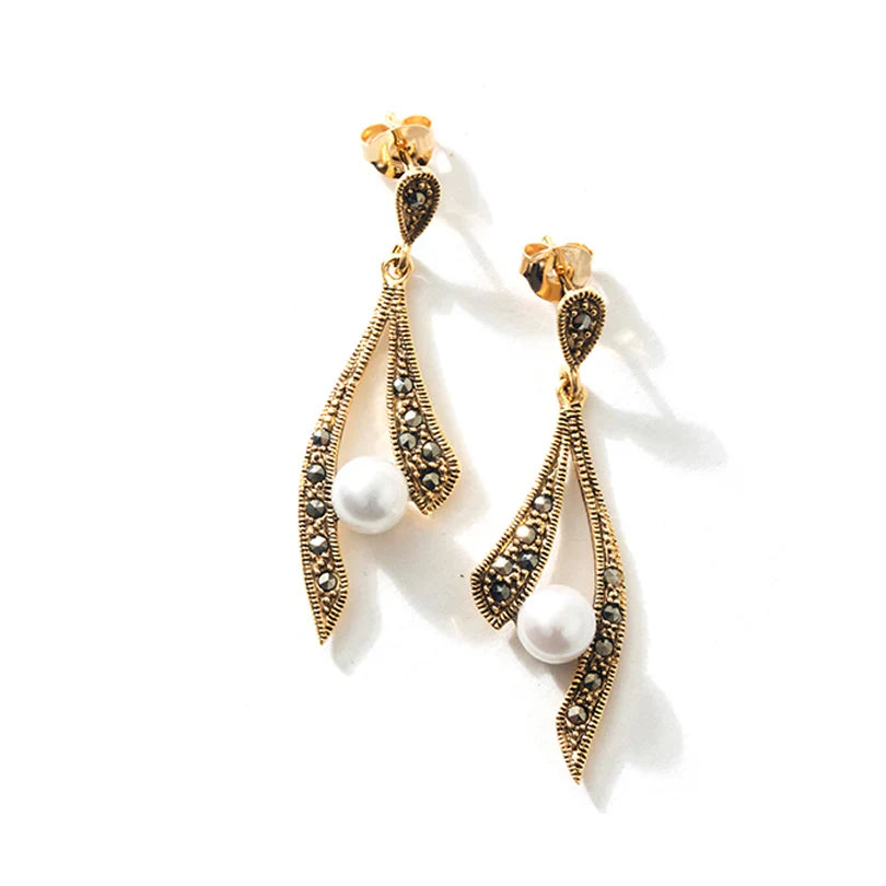 Gorgeous 14kt Gold Plated Marcasite with Pearls Statement Earrings