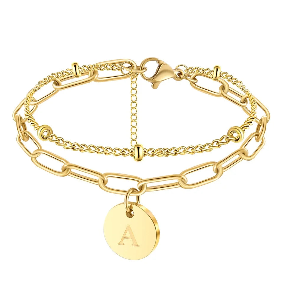 VESITIM 14K Gold Plated Alphabet Initial Bracelet for Women, 26 Letter A-Z Disc Alphabet Bracelet, Jewelry Gift