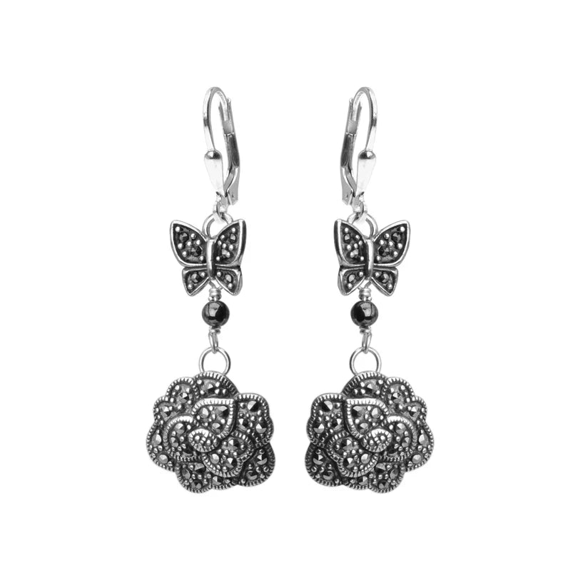 Floral & Butterfly Marcasite Sterling Silver Earrings