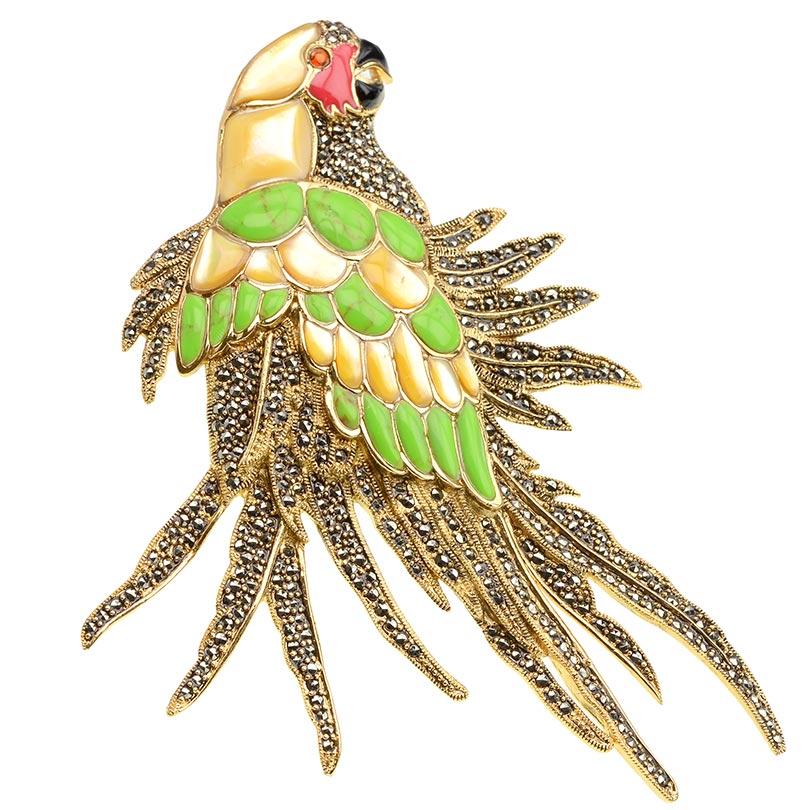 Truly Magnificent Parrot Brooch with Marcasite in Silver or Gold Plating.