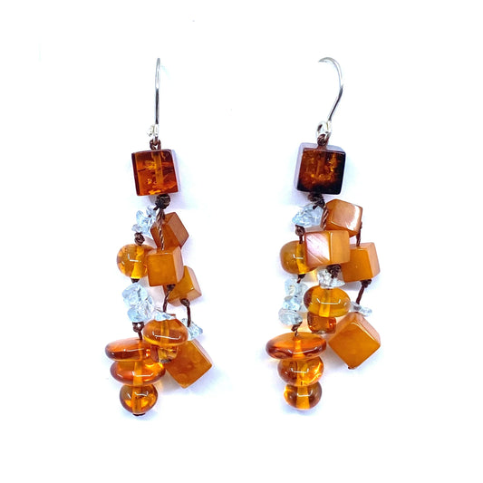 Stunning Baltic Amber and Aquamarine Sterling Silver Cluster Statement Earrings