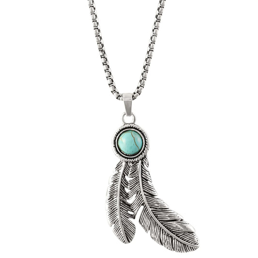 Jessica Simpson Faux Turquoise Stone Feather Necklace, Silver Tone, 28" +3"
