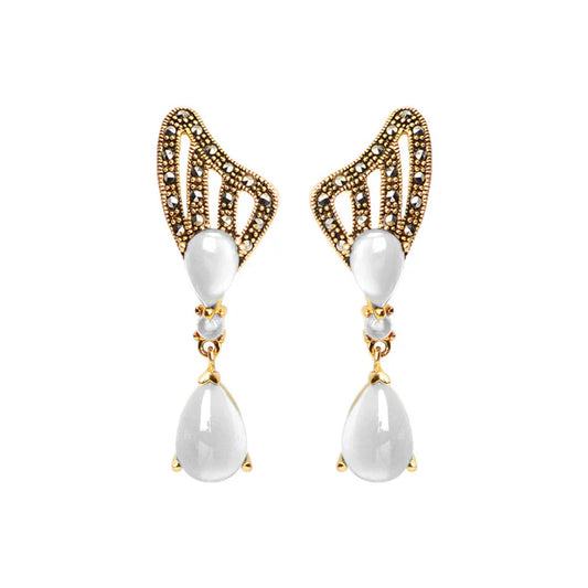 Elegant White Mother of Pearl Marcasite Gold Plated Statement Earrings